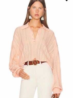 ELSA Peach Openwork Knit Polo Sweater